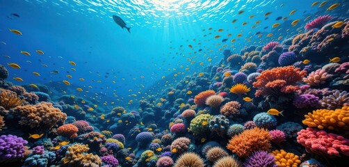  A bustling coral reef teeming with colorful fish and vibrant marine life, creating an underwater paradise of texture and