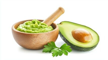 Ripe avocado with wooden spoon, a vibrant and healthy culinary image for food enthusiasts