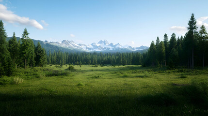 Fototapeta premium Expansive Alpine Meadow With Mountain Range In Summer