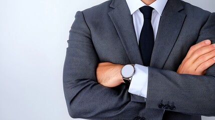 Man in a grey suit with crossed arms. Black tie and wrist watch. Professional pose against a white background