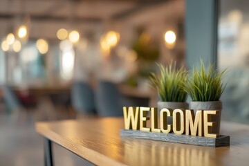 Welcome sign with plant on table in cozy indoor space. Warm greeting environment.