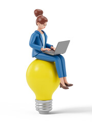 A woman sits on a large yellow light bulb while using a laptop, symbolizing innovative thinking or the generation of new ideas through technology. 3D rendering, conceptual image. Isolated on white bac