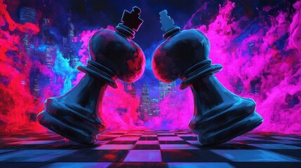 A vibrant chess battle symbolizing strategy and competition with colorful smoke and city skyline backdrop