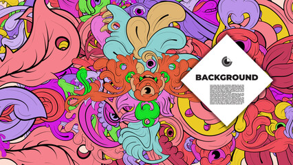 Playful Cartoon Monster Character with Tentacles, Eyes, Feathers, and Leaves – Fun Fantasy Wallpaper Design