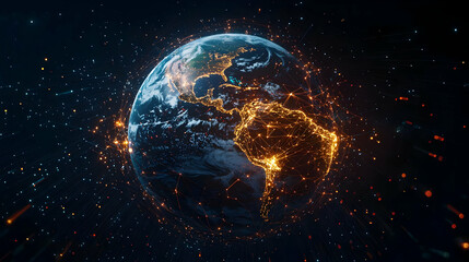 Fototapeta premium Digital Illustration Of Planet Earth At Night With City Lights And Energy Flow
