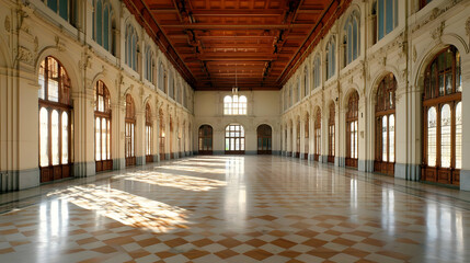 Fototapeta premium Grand Empty Hall With Sunlight And Wooden Ceiling