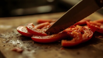 A close-up of tomato slices being cut on a wooden board.

