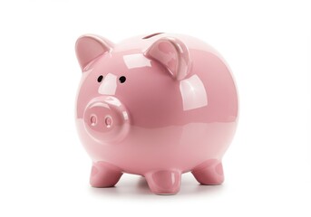 A pink ceramic piggy bank with a coin slot on its back standing on a white surface in a studio setting