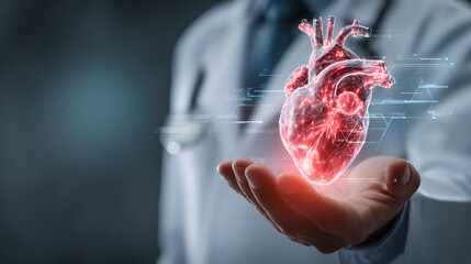 A glowing, digital heart hovers above a doctor's outstretched hand, symbolizing medical technology, cardiology, and the delicate care of the human heart