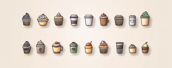 A collection of cartoon cupcakes and coffee cups. The cupcakes are in various flavors and sizes, and the coffee cups are in different styles and colors. Scene is cheerful and playful