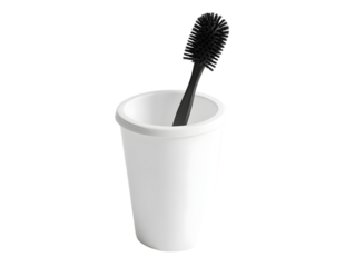 A black toothbrush placed upright in a white cup, set against a clean background, ideal for hygiene and bathroom decor themes