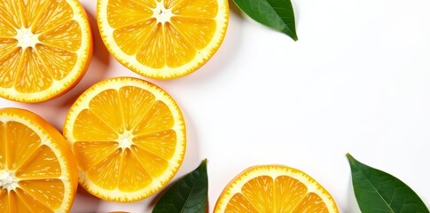 Fototapeta premium Vibrant orange fruit slices arranged with green leaves against white backdrop, refreshing, ripe, summer