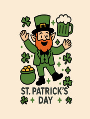 A cheerful and vibrant St. Patrick's Day-themed illustration in a cute, kawaii style. The main character is a smiling leprechaun with a red beard, dressed in a green suit and top hat, surrounded by sh
