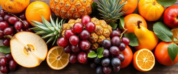 Vibrant pineapple, pear, grapes & citrus arranged for healthy recipe photography, grapes,  healthy eating