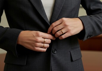 close up of businesswoman's hands tidying up her clothes confidently