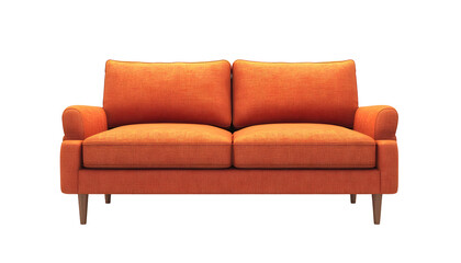 Fototapeta premium A vibrant orange sofa with plush cushions, set against a minimalistic background, ideal for modern interior design