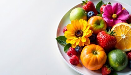 Vibrant plate of fresh fruits and colorful flowers, summertime, elegant, organic