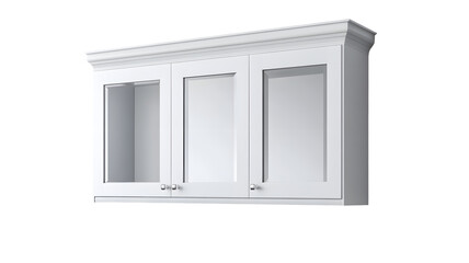 Obraz premium Modern white kitchen cabinet with three glass-fronted doors, showcasing a minimalist design against a neutral backdrop