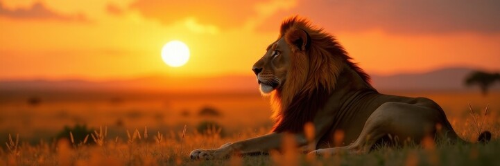 Naklejka premium Powerful lion lounges majestically, savanna sunset ablaze behind , sun, sunset, lion