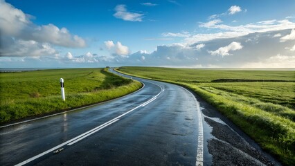Fototapeta premium Wet Road Through Green Fields Cloudy Sky