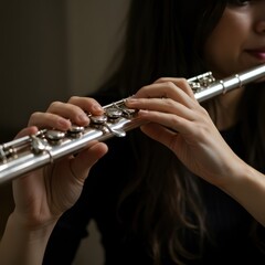 Woman playing flute indoors.