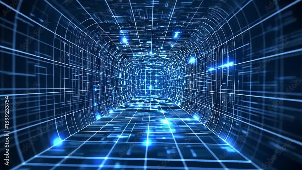 Poster digital tunnel: navigate through a futuristic, digital tunnel glowing with interconnected data lines