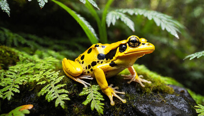 A Panamanian Golden Frog perched on a damp.