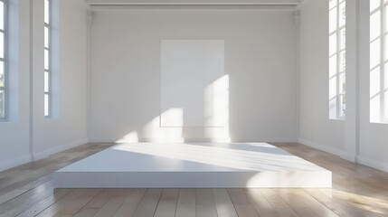 A minimalist gallery space featuring a white platform and blank wall, ideal for art displays.