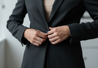 close up of businesswoman's hands tidying up her clothes confidently