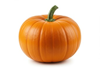 Obraz premium A single orange pumpkin with a green stem isolated against a white background in a studio shot
