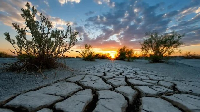 Cracked Earth's Embrace: The landscape mirrors the tenacity of life amidst the stark beauty of a cracked earth under a stunning, golden sunset.
