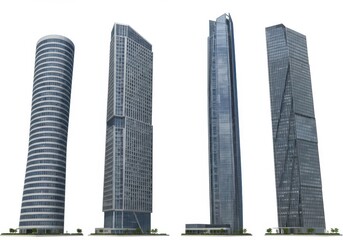 Obraz premium Four modern skyscrapers of varying designs stand against a plain white background in a row formation