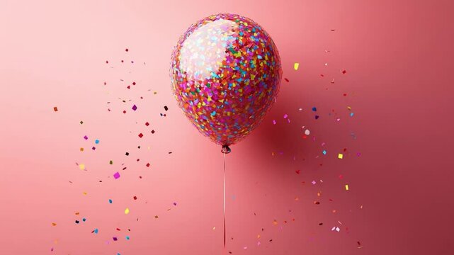 Balloon Burst of Celebration: A single transparent balloon, filled with colorful confetti, floats against a soft, pink backdrop, creating a visually stunning display of joy and anticipation.