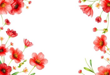 Vibrant red watercolor floral border, summer wedding design, brush, romantic