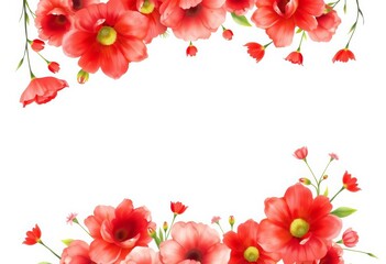 Vibrant red watercolor floral border; summer wedding, greeting card design, decoration, background