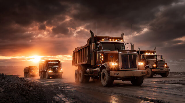 Excavators and dump trucks working at a mining site during sunset heavy equipment in action