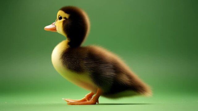 Quacking Little Charm: A captivating studio shot unveils a singular, adorable duckling, standing proud against a soft, verdant backdrop, perfectly capturing its fluffiness and innocence.