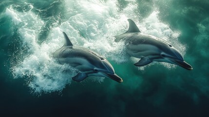 Obraz premium Oceanic Duo: Dolphins Leaping Through Waves