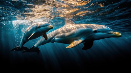 Naklejka premium Majestic Dolphins Underwater: A Symphony of Grace and Light