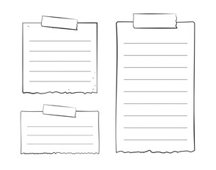 Hand drawn torn memo paper sheet, sticky note, reminder, to do list, sticky tape. Bullet journal elements in line art doodle style.