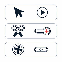 A glossy web design set features play, stop, and arrow media player buttons and icons, a vector illustration of multimedia symbols for internet and music websites