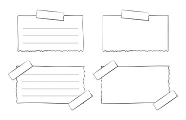 Hand drawn memo paper sheet collection, sticky note set, reminder, to do list, sticky tape. Bullet journal elements in line art doodle style.