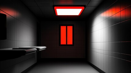 Dimly lit corridor with red lighting, featuring a window and metallic surfaces, creating a tense atmosphere