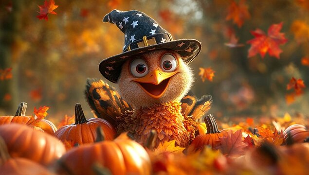 Adorable turkey chick in a witch's hat surrounded by pumpkins and autumn leaves. Happy Fall!