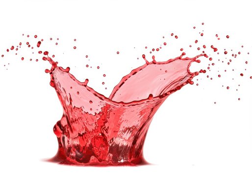 A vibrant red liquid splash with droplets suspended in air against a white background isolated shot