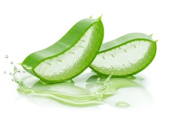 Aloe vera slices with juice droplets on a white background showing natural beauty and freshness