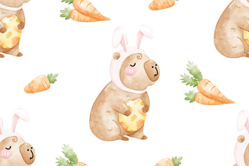 Easter capybara watercolor seamless patterns background, Cute Capybara with bunny ears.