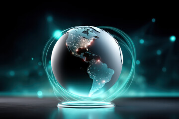 A glowing globe with illuminated continents and light trails symbolizes global data sharing and connectivity