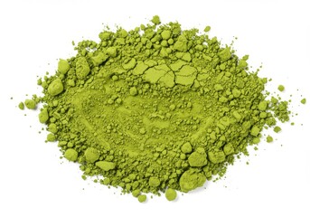Obraz premium A top view of a pile of vibrant green matcha powder against a stark white background surface evenly lit