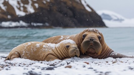 Naklejka premium Arctic Walrus Duo: Mother and Calf Resting in Snowy Landscape